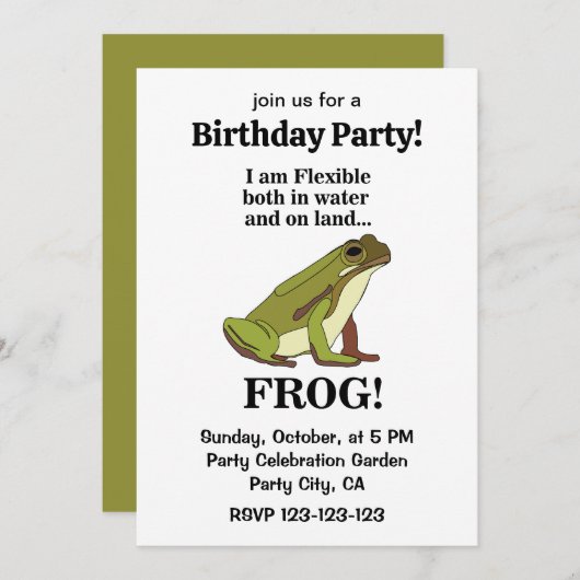 Green Frog Funny Birthday Party 招待状 (正面/裏面)