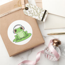 Green Frog Listening Music – Pastel Vibe ラウンドシール