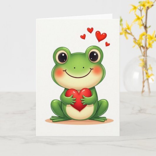 Green Frog Valentines Day Card カード (黄色い花)
