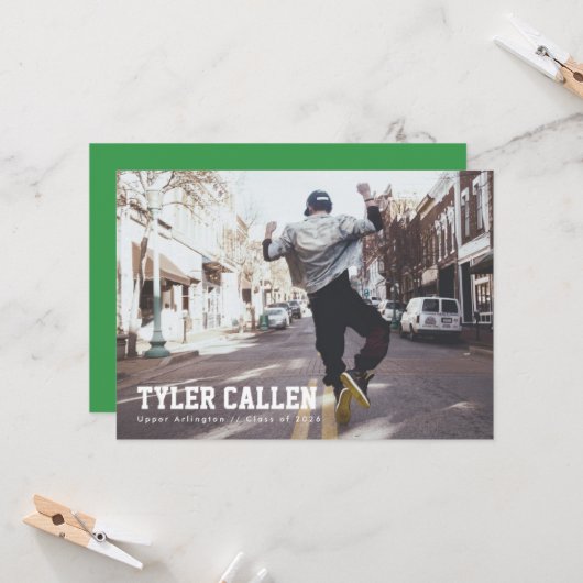 Green Full Photo Grad Announcement 招待状 (正面/裏面インサイチュ)