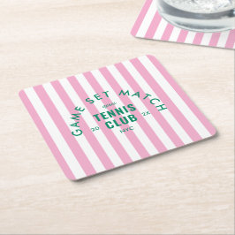 Green Game Set Match Après Tennis Club Pink Stripe スクエアペーパーコースター
