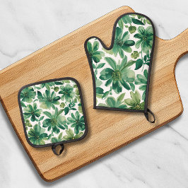 Green Garden Floral Botanical Watercolor Painting 鍋つかみ&鍋敷きセット