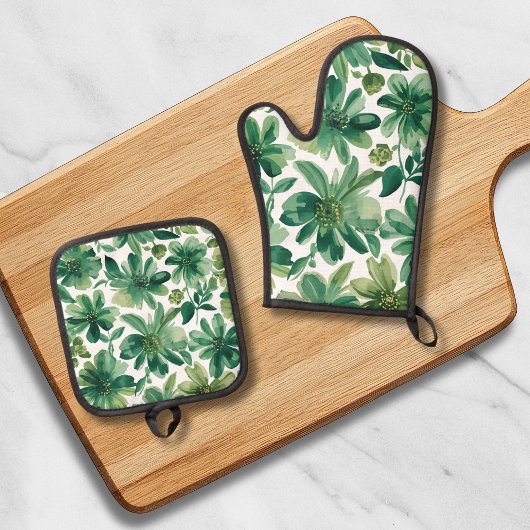 Green Garden Floral Botanical Watercolor Painting 鍋つかみ&鍋敷きセット