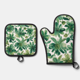 Green Garden Floral Botanical Watercolor Painting 鍋つかみ&鍋敷きセット