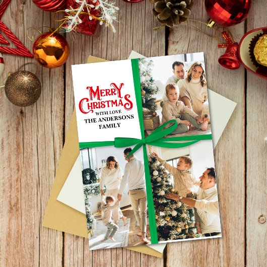 Green Gift Wrapped Family Photo collage Christmas シーズンカード