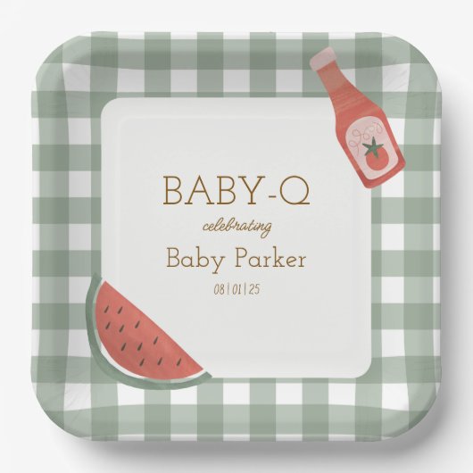 Green Gingham Baby-Q Square Plate ペーパープレート (正面)