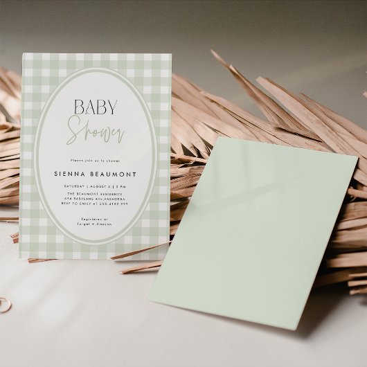 Green Gingham Baby Shower Invitation 招待状