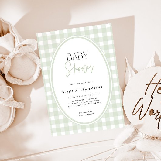 Green Gingham Baby Shower Invitation 招待状