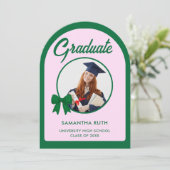 Green Gingham Bow Arch Photo Graduation Party 招待状 (スタンド正面)