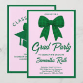 Green Gingham Bow Graduation Party 招待状 (正面/裏面)