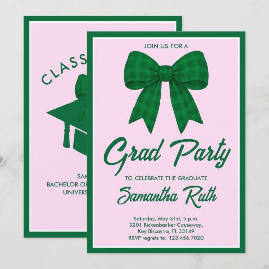 Green Gingham Bow Graduation Party 招待状 (正面/裏面)