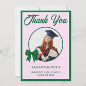 Green Gingham Bow Photo Graduation サンキューカード (正面)