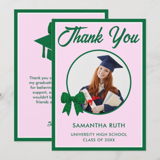 Green Gingham Bow Photo Graduation サンキューカード (正面/裏面)