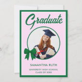 Green Gingham Bow Photo Graduation Announcement 案内状 (正面)