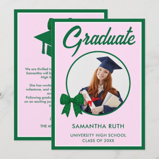 Green Gingham Bow Photo Graduation Announcement 案内状 (正面/裏面)