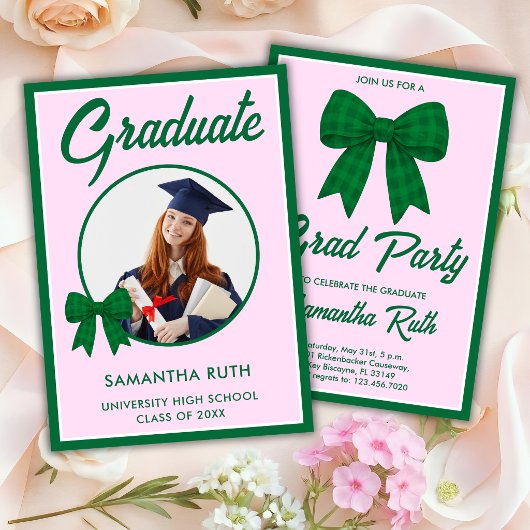 Green Gingham Bow Photo Graduation Party 招待状