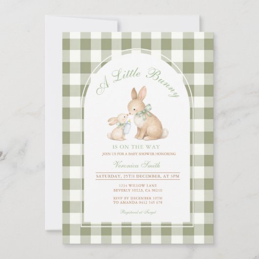 Green Gingham Bunny Spring Easter Baby Shower  招待状 (正面)