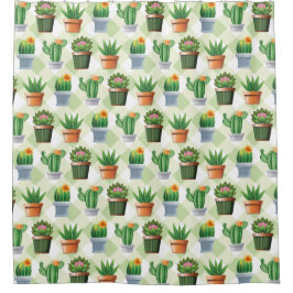 Green Gingham Cactus Pattern シャワーカーテン