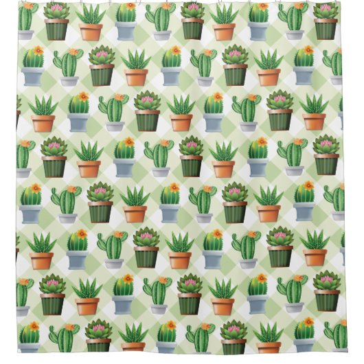 Green Gingham Cactus Pattern シャワーカーテン (正面)