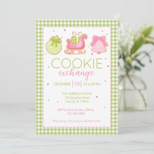 Green Gingham Christmas Cookie Exchange Invitation 招待状 (スタンド正面)