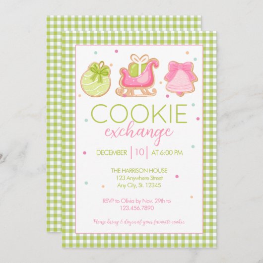 Green Gingham Christmas Cookie Exchange Invitation 招待状 (正面/裏面)