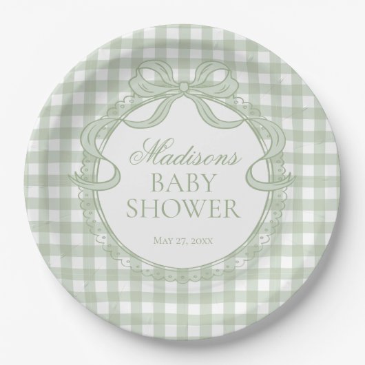 Green Gingham Coquette Bow Baby Shower ペーパープレート (正面)