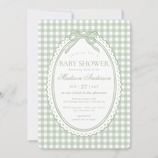 Green Gingham Coquette Bow Baby Shower 招待状 (正面)