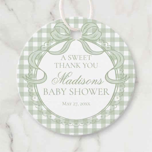 Green Gingham Coquette Bow Baby Shower Circle フェイバータグ (正面)
