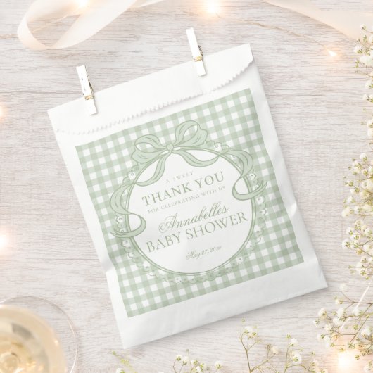 Green Gingham Coquette Bow Baby Shower Dessert フェイバーバッグ (クリップ留めされた状態)