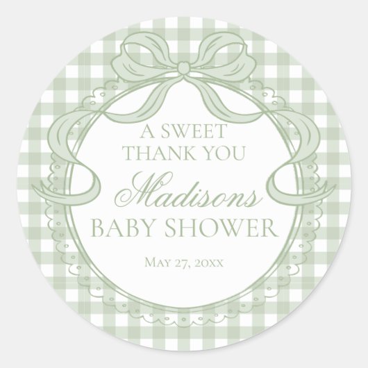 Green Gingham Coquette Bow Baby Shower Favor ラウンドシール (正面)