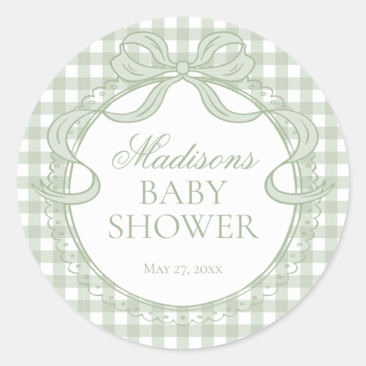 Green Gingham Coquette Bow Baby Shower Seal ラウンドシール (正面)