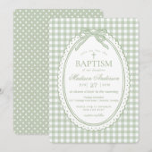 Green Gingham Coquette Bow Baptism 招待状 (正面/裏面)