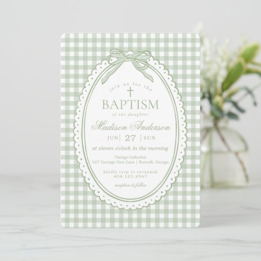 Green Gingham Coquette Bow Baptism 招待状 (スタンド正面)