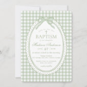 Green Gingham Coquette Bow Baptism 招待状 (正面)