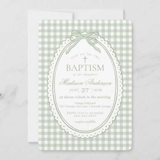 Green Gingham Coquette Bow Baptism 招待状 (正面)