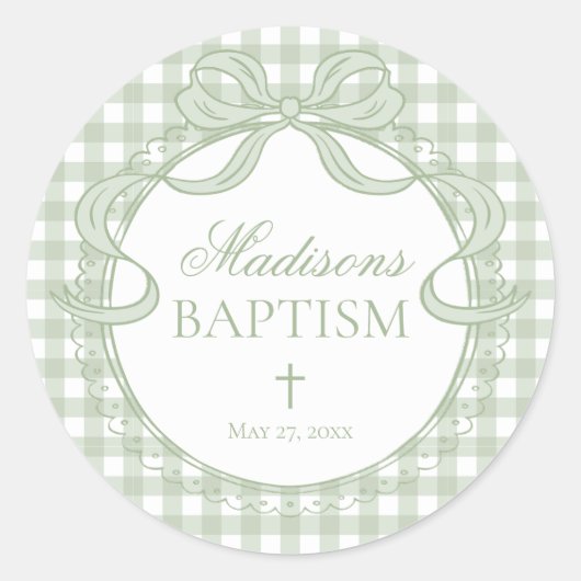 Green Gingham Coquette Bow Baptism Envelope Seal ラウンドシール (正面)