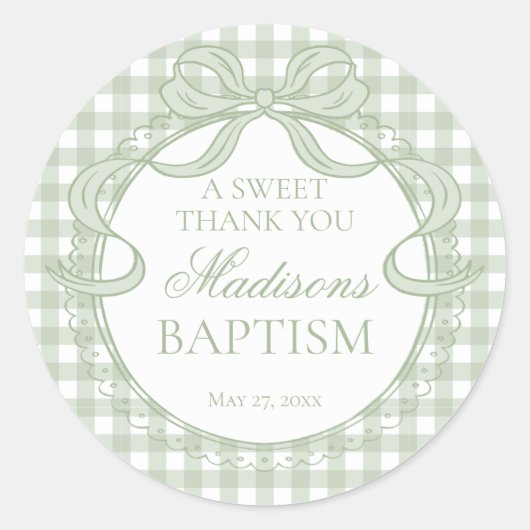 Green Gingham Coquette Bow Baptism Favor ラウンドシール (正面)