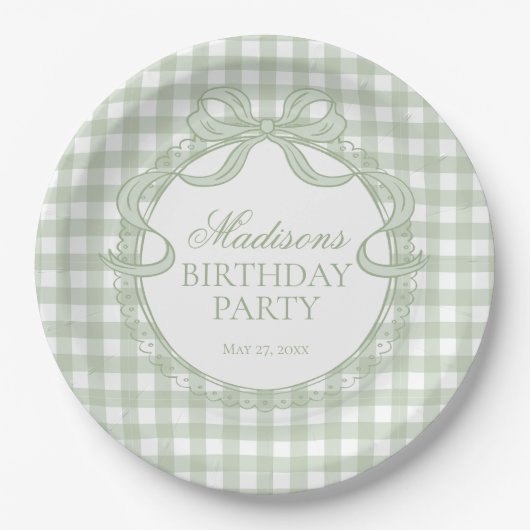 Green Gingham Coquette Bow Birthday Party ペーパープレート (正面)