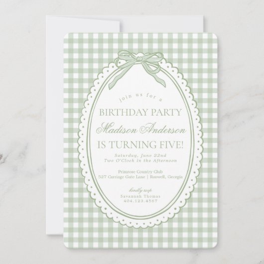 Green Gingham Coquette Bow Birthday Party 招待状 (正面)