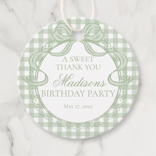 Green Gingham Coquette Bow Birthday Party Circle フェイバータグ (正面)