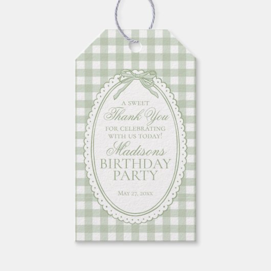 Green Gingham Coquette Bow Birthday Party Favors ギフトタグ (正面)