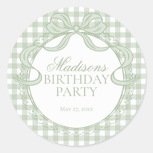 Green Gingham Coquette Bow Birthday Seal ラウンドシール (正面)