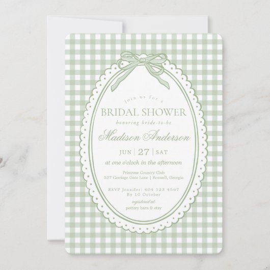 Green Gingham Coquette Bow Bridal Shower 招待状 (正面)