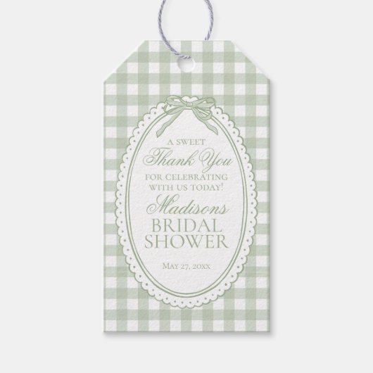 Green Gingham Coquette Bow Bridal Shower Favors ギフトタグ (正面)