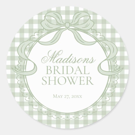 Green Gingham Coquette Bow Bridal Shower Seal ラウンドシール (正面)