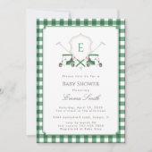 Green Gingham Crest Monogram Golf Baby Shower 招待状 (正面)