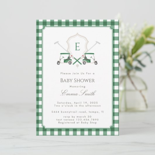 Green Gingham Crest Monogram Golf Baby Shower 招待状 (スタンド正面)
