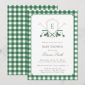 Green Gingham Crest Monogram Golf Baby Shower 招待状 (正面/裏面)