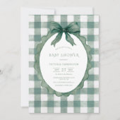 Green Gingham Floral Vintage Baby Shower 招待状 (正面)