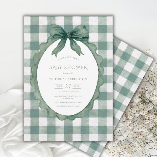 Green Gingham Floral Vintage Baby Shower 招待状